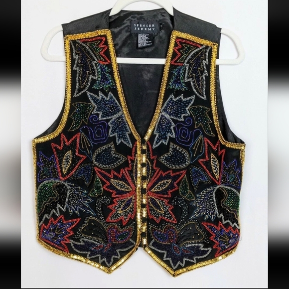 Spenser Jeremy Jackets & Blazers - Spenser Jeremy Vintage 90s Floral Leaf Beaded Sequin Embellished Silk Vest sz.M